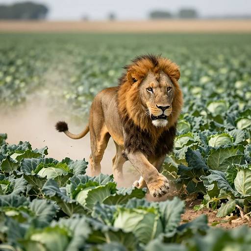 Photograph of a majestic male lion with a lush, dark mane walking through a dense green cabbage field under a clear blue sky.