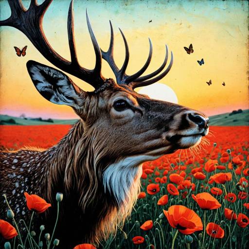 Noble Stag in Poppy Field at Sunset
