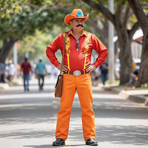 Photograph of an elderly man with a mustache, wearing a bright red shirt, orange pants, and a cowboy hat, standing confidently on a sun