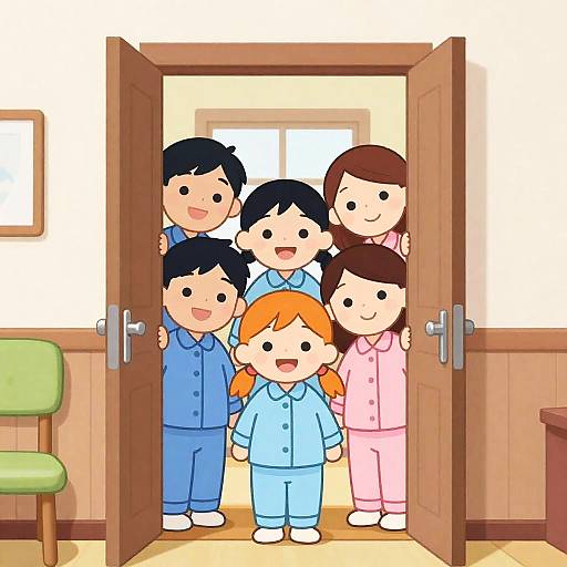 Cartoon Children in Pajamas Standing in Doorway