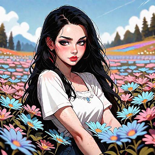 Modest Young Woman in Flower Field