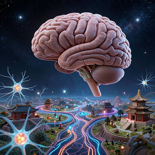 Digital art: floating human brain over a neon-lit, starry night Asian village with glowing roads, traditional buildings, and luminous stars.
