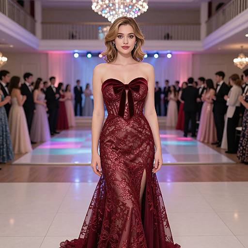 Photograph of a beautiful, blonde woman in a strapless, burgundy lace gown with a large bow, walking a formal ballroom event with ch