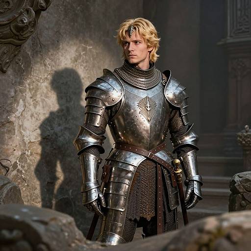 Photograph of a blond, blue-eyed knight in polished silver armor, standing in a dimly lit stone hallway with a shadow cast on the textured wall
