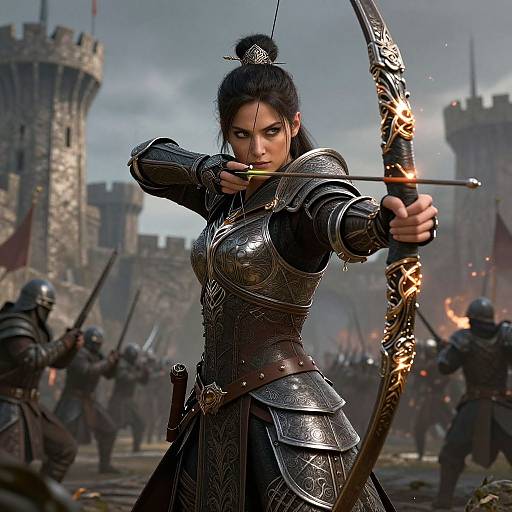 Digital artwork of an armored, dark-haired woman drawing a flaming bow in a medieval castle battle, surrounded by armed soldiers.