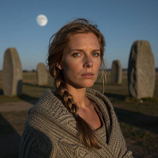 Photograph of a woman with braided brown hair, wearing a grey knit sweater, standing in a moonlit stone circle at dusk.