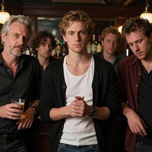 Men Socializing in a Dimly Lit Bar