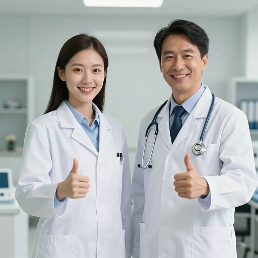 Photograph of smiling Asian male and female doctors in white lab coats, both giving thumbs up in a bright, modern clinic.