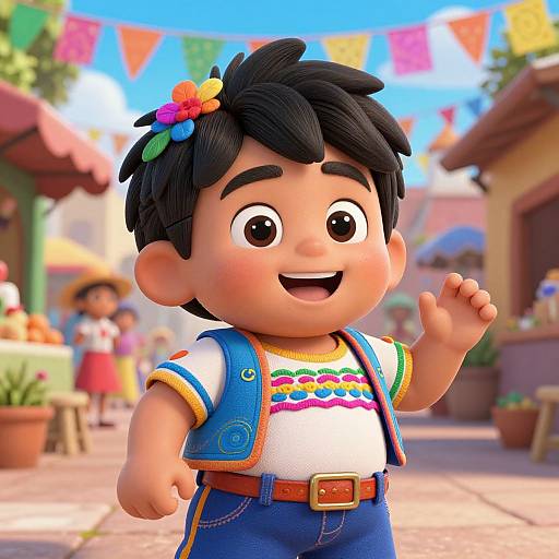CGI image of a smiling, chubby-faced, young Latino boy with black hair, wearing a colorful shirt, blue vest, and jeans, waving in