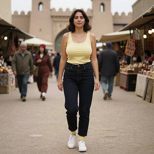 Photograph of a young woman with medium brown skin and dark curly hair, wearing a yellow tank top, black pants, white sneakers, and yellow socks