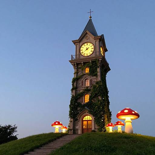 Whimsical Clock Tower with Mushroom Lamps
