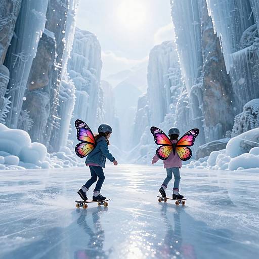 Two children skate in a frozen, ethereal forest wearing vibrant butterfly wings, surrounded by icy walls and glowing light. Digital art.