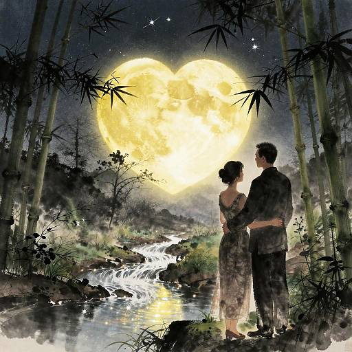 Digital anime-style illustration of a couple standing in a bamboo forest by a stream, gazing at a large, bright yellow moon. Silhouetted