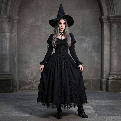 Photograph of a pale-skinned, long-haired woman in a black Victorian-style witch dress and hat, standing in a dimly lit, stone ar