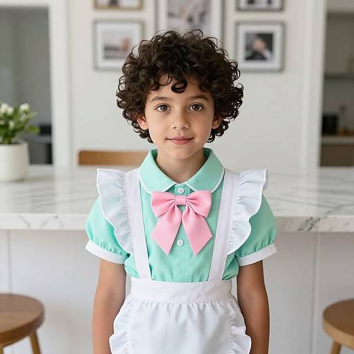 Photograph of a young boy with curly brown hair, wearing a mint green shirt, pink bow, and white apron, standing in a bright,