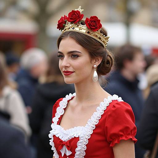 Photograph of a fair-skinned woman with dark hair in a red dress with white lace, wearing a gold crown with red roses, standing in a