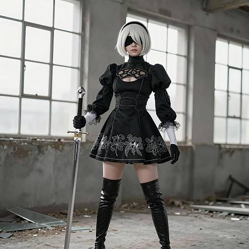 Female Cosplayer in Black Dress with Sword