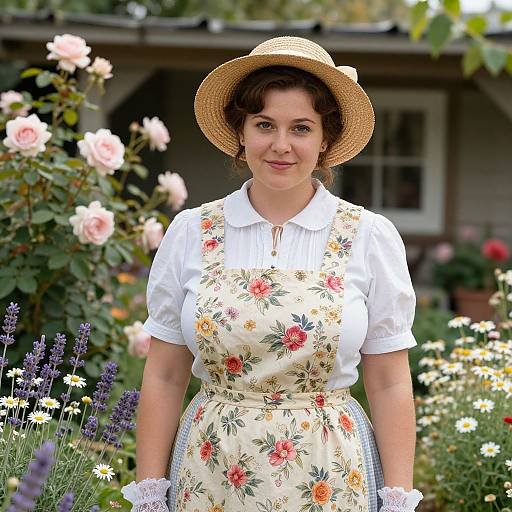 Photograph of a smiling woman with curly brown hair, wearing a straw hat, white blouse, floral apron, and lace gloves, standing in a