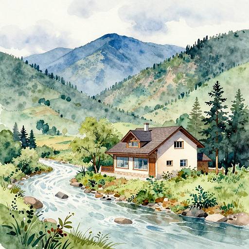 Watercolor Mountain Landscape with House