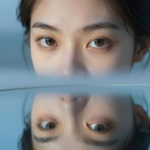 Close-up photograph of a young woman's face with brown eyes, reflected in a mirror, creating a symmetrical, dual-image effect. Blue background.