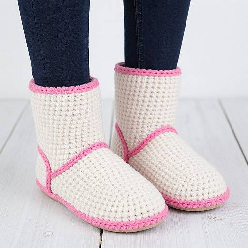 Photograph of crocheted white slippers with pink trim, worn over black jeans, standing on white wooden floor. Bright, contrasting colors highlight the