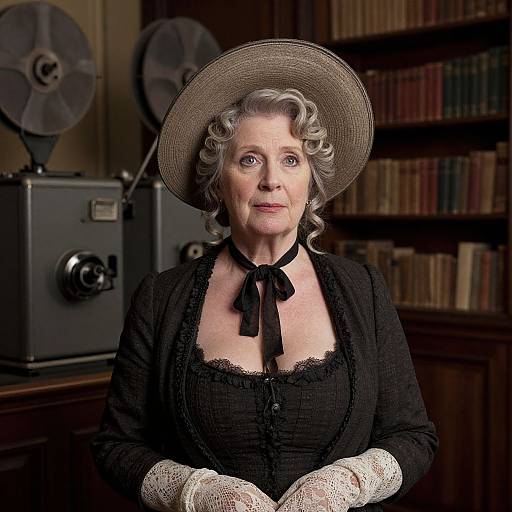 Photograph of an elderly white woman with curly gray hair, wearing a wide-brimmed hat, black lace dress, and gloves, standing in a