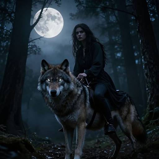 Photograph-style digital art: Dark forest at night, full moon illuminating a long-haired man with pale skin riding a glowing-eyed wolf.