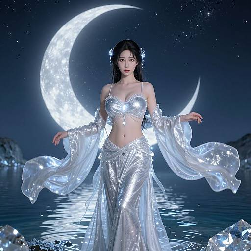 Digital art of an ethereal woman in silver, glowing, moonlit attire, with flowing sleeves, standing in a reflective lake, under a radiant cres