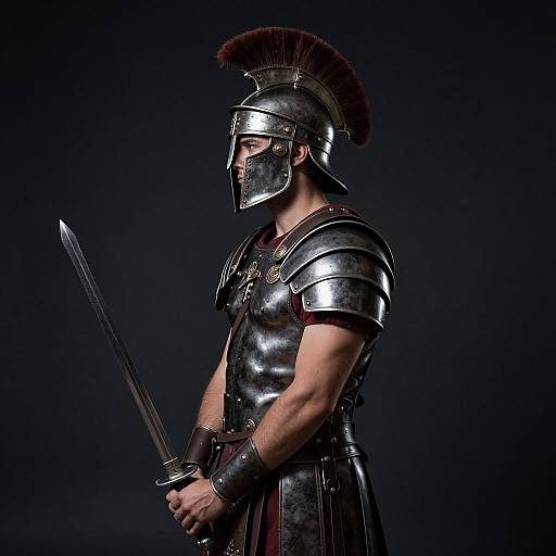 Photograph of a muscular man in Roman gladiator armor with a metallic helmet, holding a sword, against a dark background.
