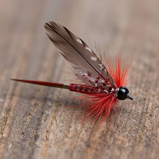 Close-up photograph of a vibrant red and black dragonfly with feathery red antennae, gray and white striped wings, and a long red abdomen