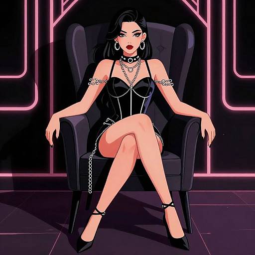 Digital illustration of a confident, dark-haired woman with pale skin, wearing a black corset, chains, and high heels, sitting on a black arm