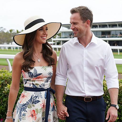 Photograph of a smiling couple walking outdoors; woman in floral dress and wide-brim hat, man in white shirt and black pants, holding hands.