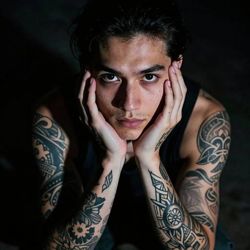 Photograph of a tattooed, dark-haired man with intense eyes, hands on his face, wearing a black tank top, against a dark background.
