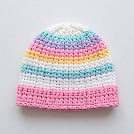 Photograph of a colorful, knitted beanie with horizontal stripes in pink, white, blue, purple, orange, and yellow on a white background
