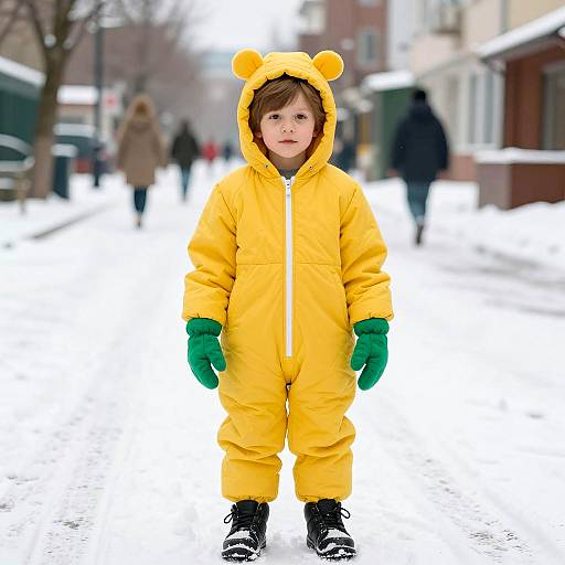 Child in Snowsuit on Snowy Street