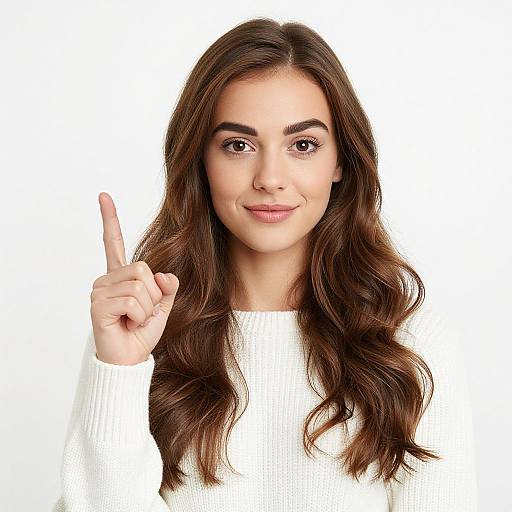 Photograph of a young woman with long, wavy brown hair, fair skin, and brown eyes, wearing a white sweater, pointing index finger upward