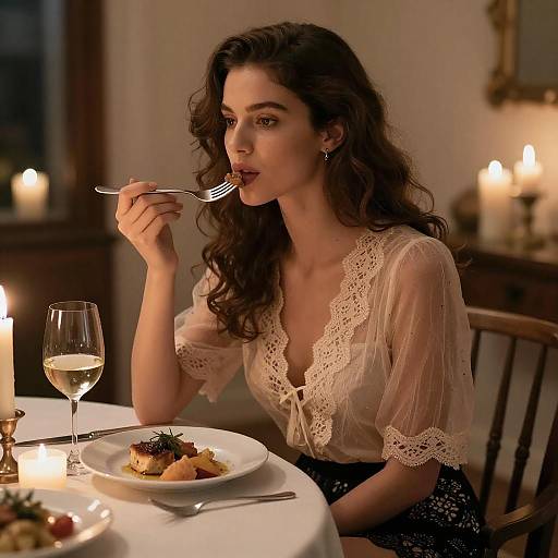 Photograph of a curly-haired woman in a lace blouse, elegantly dining by candlelight, holding a fork to her mouth, with a glass of