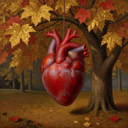 Digital artwork of a red, textured human heart hanging from a tree, surrounded by autumn leaves with shades of yellow and red.