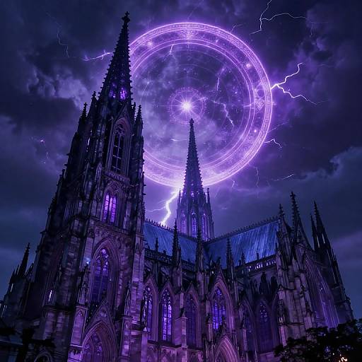 Photograph of a gothic cathedral at night, illuminated by purple lightning and a glowing, circular light ring in the stormy sky.
