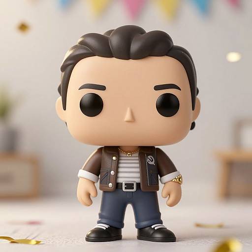 Photograph of a chibi-style action figure with black hair, brown jacket, white shirt, blue jeans, and black shoes, standing in a blurred