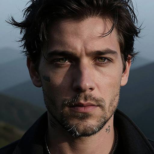 Close-up photograph of a rugged, bearded man with dark hair, green eyes, and tattoos on his chin and neck, wearing a dark jacket,