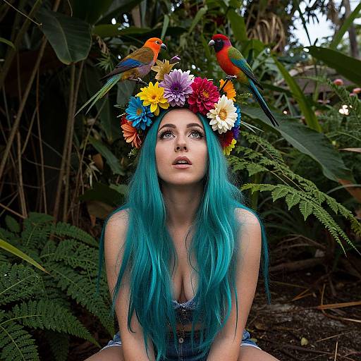Photograph of a fair-skinned woman with long turquoise hair, wearing a vibrant flower crown with birds perched on it, kneeling in a lush,