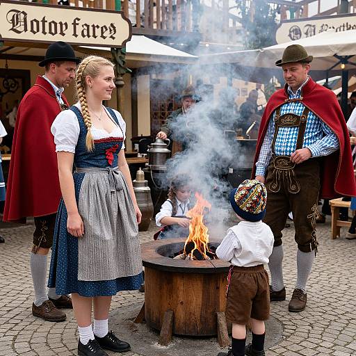 Photograph of a medieval fair: blonde woman in dirndl, red-caped men, smoking fire pit, young boy in white shirt and brown shorts