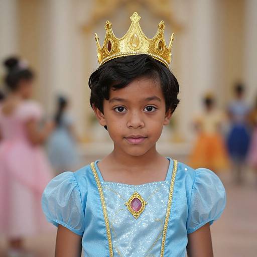 Photograph of a young girl with dark skin, black hair, wearing a golden crown, blue dress with puffed sleeves, and a pink gemstone
