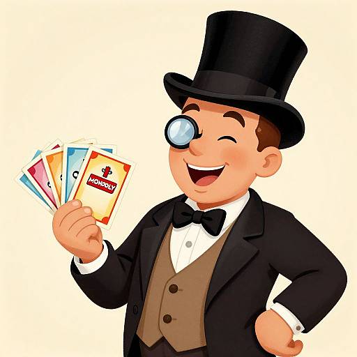Cartoon magician in black top hat and bow tie, winking with monocle, holding playing cards labeled 