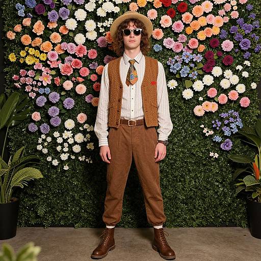 Photograph of a curly-haired man in brown vest, white shirt, tie, brown pants, boots, and hat, standing before a vibrant floral wall