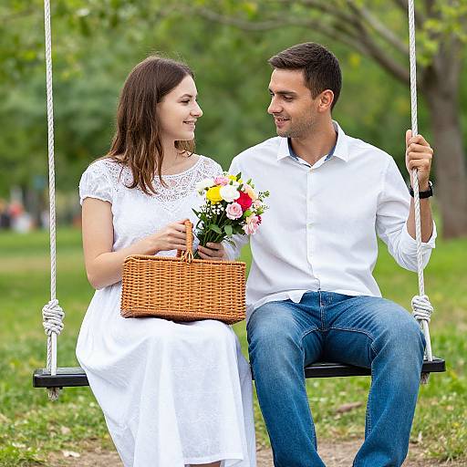 Photograph of a smiling couple on a black swing in a green park, wearing white clothes, with the woman holding a wicker basket and a colorful