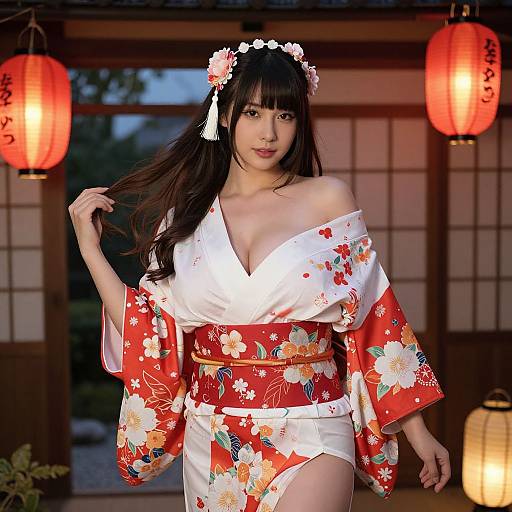 Photograph of an Asian woman in a white and red floral kimono, with long black hair, flower hairpiece, and lantern-lit traditional Japanese