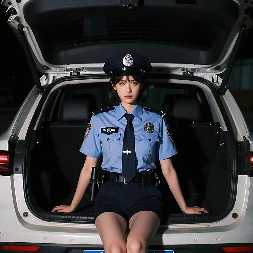 Photograph of an Asian female police officer in blue uniform, black shorts, and cap, sitting inside an open car trunk at night.
