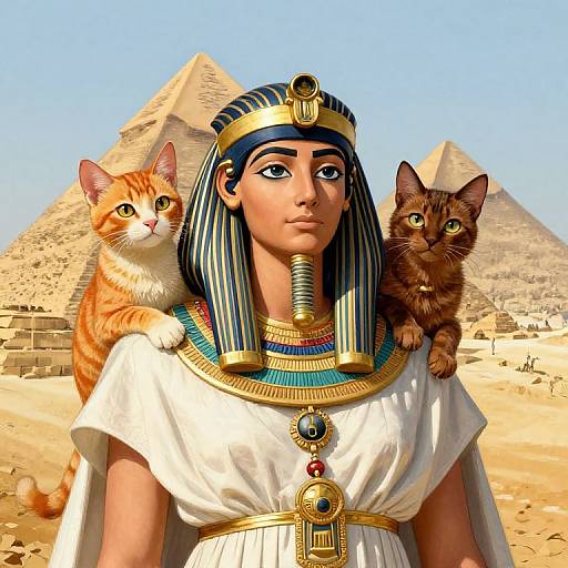 Queen Cleopatra with Cats and Pyramids
